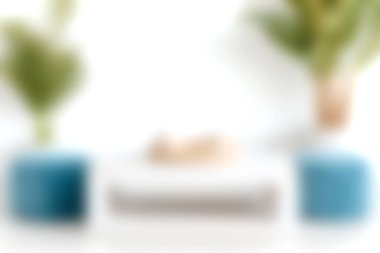 Dekor elementleri üzerine yumuşak bir odaklanma içeren sakin ve modern bir oturma odası sahnesi, saksı bitkileri ve nötr renk paleti. Tasarım için mükemmel..