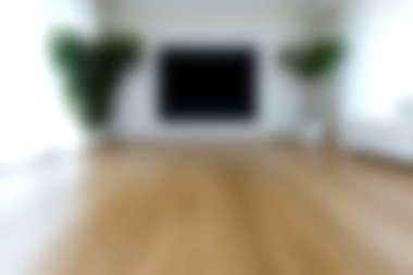 Ahşap zemin, televizyon ve kapalı alan bitkilerinden oluşan parlak ve modern bir oturma odası. Mekan rahat bir ortam ve sadelik yayar..