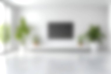 Minimalist tasarım elementleri, kapalı alan bitkileri ve duvara monte edilmiş bir televizyonun yer aldığı parlak ve modern bir oturma odası. Geniş alan sükuneti ve davetkar estetiği vurguluyor.