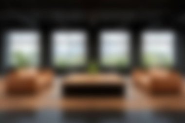 Bu görüntüde modern bir oturma odası, şık mobilyalar ve geniş pencereler var. Parlak ve hoş bir atmosfer yaratıyor..