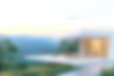 A stunning modern house sits gracefully in a serene landscape, showcasing sleek lines and large glass windows amidst a lush green environment at sunrise.