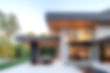 Modern bir açık hava yaşam alanının büyüleyici bir görüntüsü zarif mimari, yumuşak aydınlatma ve yemyeşil, rahatlama ve rahatlama için ideal.