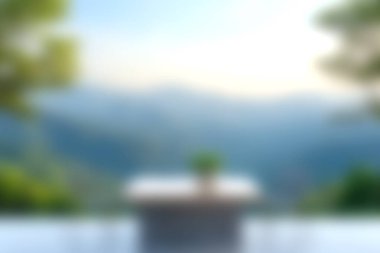 Modern bir masa ve bir bitki içeren sakin bir açık hava manzarası, manzaralı bir dağ manzarası. Rahatlamak ve kaçmak için mükemmel..