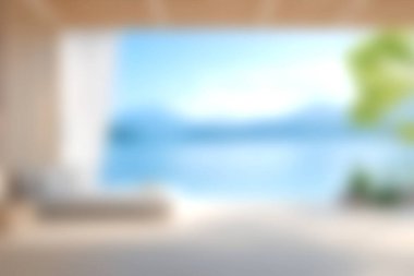 Bu resim, doğal ışık ve sükuneti vurgulayarak, modern bir iç mekandan sakin bir kıyı manzarası sergiliyor. Rahatlama ve yaşam tarzı temaları için ideal.