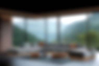 Bu resim, geniş pencereli ve sakin doğal manzaralı şık ve modern bir oturma odasını gösteriyor. Konforlu dekor rahatlama ve estetik uyumu teşvik ediyor..