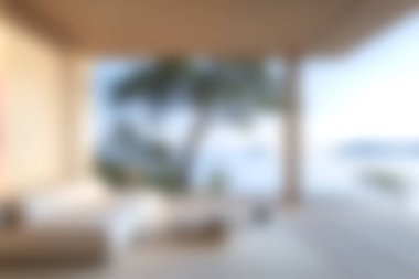 Huzurlu bir deniz manzaralı, sakin ve minimalizmin vurgulandığı, rahatlama ve gençleştirme için mükemmel tasarlanmış modern bir iç mekan..