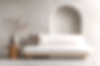 Zarif bir kanepe, yumuşak renkler ve sanatsal dekor unsurlarıyla huzurlu bir minimalist oturma odası. Modern iç tasarım kavramlarını sergilemek için ideal..