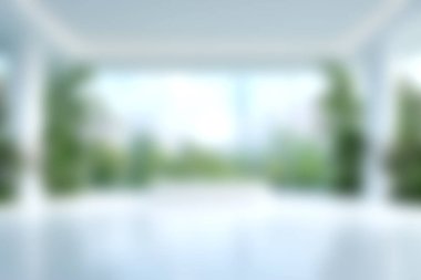 Bu resim doğal ışıkla dolu modern bir iç mekan sergiliyor, yeşillik ve sakin bir atmosfer yaratan büyük pencereler içeriyor. Tasarım için mükemmel..