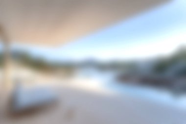 Doğal ışıkla yıkanmış modern bir pavyona sahip sakin bir sahil manzarası rahatlama ve rahatlama için mükemmel sakin bir atmosfer yaratıyor..