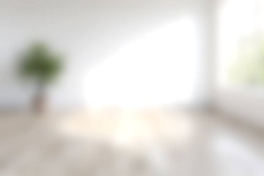 Bu resim, yeşil bir bitkinin yer aldığı doğal ışıkla dolu parlak ve havadar bir minimalist odayı gösteriyor. Huzurlu atmosfer rahatlama ve sükuneti davet eder..