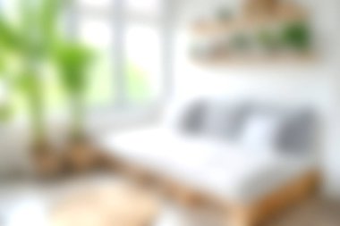 Rahatlamak ve rahatlamak için tasarlanmış doğal ışık ve yemyeşil bitkilerle dolu huzurlu ve minimalist bir oturma odası. Sakin bir atmosfer yaratmak için ideal..