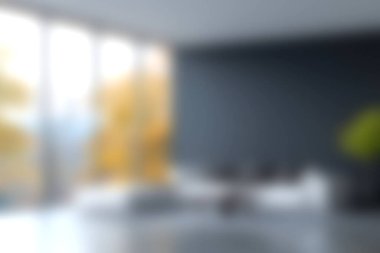 Geniş pencereli, dingin, modern bir oturma odası. Parlak bir sonbahar manzarası sergiliyor. Doğal ışıkla dolu sıcak ve davetkar bir atmosfer yaratıyor..