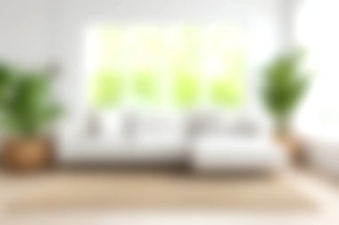 Beyaz bir kanepe ve yemyeşil bitkilerin bulunduğu parlak ve davetkar bir oturma odası rahat bir atmosfer yaratıyor. Ev dekorasyonu için mükemmel..