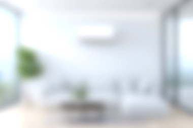 Geniş pencereleri ve yumuşak renkli modern mobilyaları olan parlak, modern bir oturma odası. Uzay geniş doğal ışık ve rahat bir atmosferle minimalist tasarım sergiliyor..