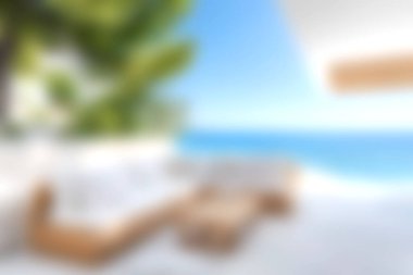 Huzurlu bir açık hava salonu güzel bir sahil manzarası ve berrak gökyüzü olan şık bir oturma odası, rahatlama ve rahatlama için mükemmel..