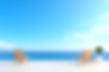 Huzurlu bir sahil sahnesi, sakin okyanusa bakan iki tahta sandalyeyi parlak mavi bir gökyüzünün altında yakalıyor, doğanın güzelliğini rahatlatmak ve kucaklamak için mükemmel..