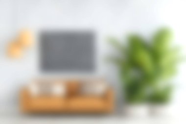 Moda ve dingin oturma odasında rahat ahşap bir kanepe ve canlı yeşil bir bitki var. Modern ev dekorasyonu için mükemmel..