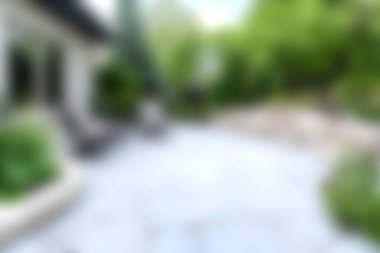 Bulanık bir avlu ve yemyeşil yemyeşil bir alan. Rahatlamak ve dinlenmek için ideal. Bahçe tasarımı için mükemmel ilham.