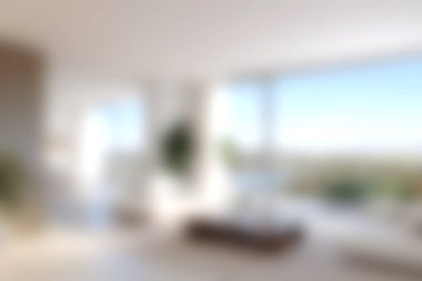 Bu resim manzaralı geniş pencereli modern bir oturma odasını gösteriyor. Havadar iç tasarım rahatlık ve sükuneti vurguluyor, rahatlamak için mükemmel..