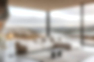 Yumuşak ışık altında manzara manzarası sunan panoramik pencereli rahat, modern bir oturma odası. Davetkar atmosfer gevşemeyi ve zarafeti teşvik eder..