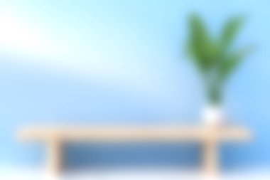 Bu resim, yumuşak mavi arkaplan üzerinde saksısı olan ahşap bir rafın sergilendiği modern bir minimalist iç tasarımı sergiliyor, dingin ve sakin bir ortam yaratıyor..