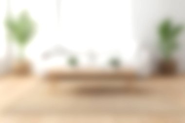 Parlak ve davetkar bir oturma odası modern minimalist tasarım, yumuşak doğal ışık ve canlı kapalı yer bitkileri, huzurlu ve rahat bir atmosfer yaratıyor..