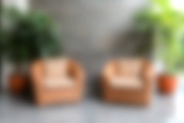 Bu görüntü, iki şık koltuğu olan, canlı yeşilliklerle çevrili, rahat bir oturma alanı içeriyor, rahatlama ve sohbet için ideal huzurlu bir ortam yaratıyor..