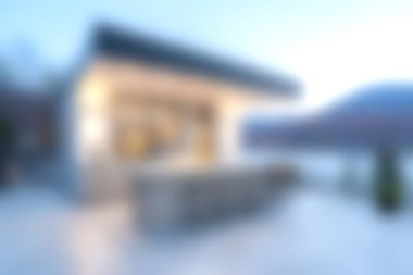 Bu resim, şafak vakti huzurlu bir rıhtıma bakan zarafet ve konfor için tasarlanmış modern bir açık hava mutfağını gösteriyor. Huzurlu ortamın tadını çıkar..