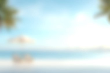 Berrak mavi gökyüzü altında güneşli bir şemsiyeyle sakin suların dinlenmek ve tatil için mükemmel olduğu sakin bir tropikal plaj sahnesi..