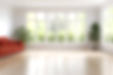 Yeşil bitkiler tarafından canlandırıcı atmosfer için tamamlanmış doğal ışığı davet eden geniş pencereli parlak oturma odası. Rahatlamak ve rahatlamak için mükemmel..