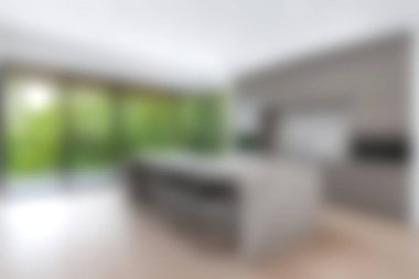 Modern bir minimalist mutfak açık alan tasarımı sergiler. Güneş ışığı büyük pencerelerden geçer, parlak cihazlar ve zarif dekorlar vurgulanır.