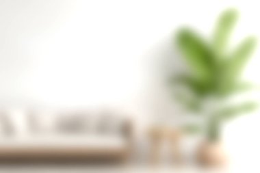 Rahat bir kanepe, büyük yapraklı bir bitki ve en az dekor içeren sakin ve davetkar bir iç mekan. Modern yaşam alanları ve sükuneti sergilemek için mükemmel..