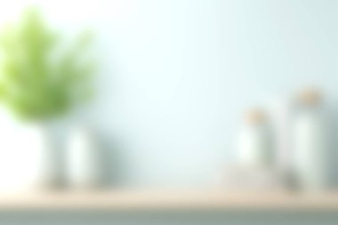Yumuşak bulanık minimalist ev dekorasyonu sahnesinde raftaki zarif bir vazoda yeşil bir bitki modern bir iç mekanda sakin ve davetkar bir atmosfer yaratıyor..