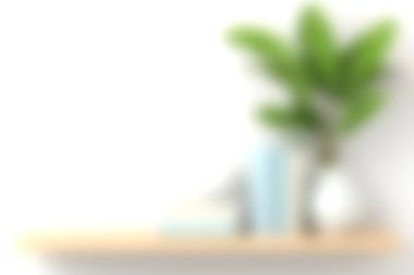 Kitaplarla dolu minimalist bir raf ve yeşil bir bitki içeren, kapalı bir ortamda sükunet ve modern zarafet saçan yumuşak odaklı bir resim. Dekor için mükemmel..