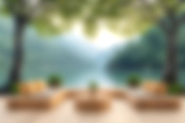 Bereketli ağaçlarla çevrili sakin bir açık hava salonunun yumuşak odaklı görüntüsü ve sakin bir su manzarası, rahatlama ve rahatlama anları için mükemmel..