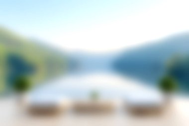 Bereketli dağlar ve açık gökyüzüyle çevrili modern bir açık hava salonunun huzurlu göl manzarasının tadını çıkar. Rahatlamak için ideal.