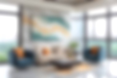 Mavi sandalyeler ve canlı sanat eserlerinin yer aldığı şık, modern bir oturma odası. Geniş pencereler, temiz bir görünüm için iç mekan bitkileriyle tamamlanmış havadar bir hava yaratır..