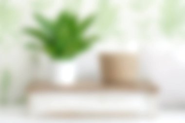 Yumuşak odak görüntüsü, ahşap bir masada yeşil bir bitki sergiliyor. Parlak bir kapalı alanda huzurlu ve sıcak bir atmosfer yaratıyor. Dekor temaları için ideal.