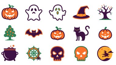 Cadılar Bayramı Simgesi Set Koleksiyonu - Şirin Renkli Çizgi Film Biçimi, Hayaletler, Cadı Şapkası, Kedi, Yarasa, Kafatası, Örümcek Ağı ve Ay