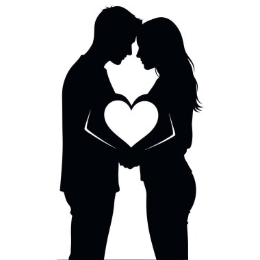 Romantik siluet çiftin el ele tutuşması sevgi ve bağla dolu bir kalp şekli oluşturuyor.