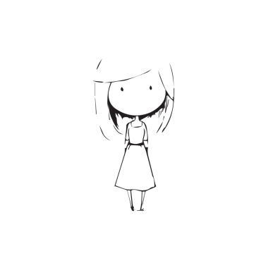 Güzel Kawaii Kızı Siyah ve Beyaz Vektör İllüzyonu Şirin Basit Çizgi Sanat Tarzı