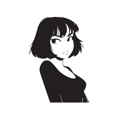 Güzel Kawaii Kızı Siyah ve Beyaz Vektör İllüzyonu Şirin Basit Çizgi Sanat Tarzı