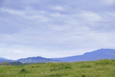 Almanya, Bavyera 'da dağlık çayır ve bulutlu gökyüzü ile geniş manzara