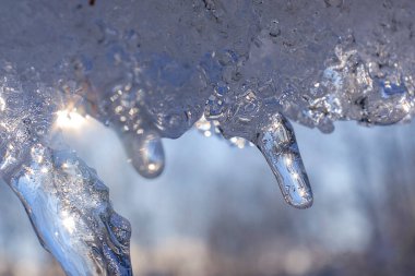 Gün ışığı yansımalı şeffaf buz saçakları. Sığ alan derinliği, kopyalama alanı.