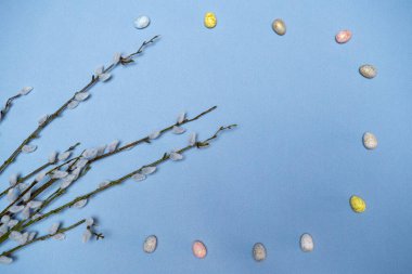 Pastel yumurtalar daire içine dizilmiş. Pastel yumurtalı ve kırsal dallı dekoratif çelenk. Mavi Arkaplanda Çelenk Oluşturan Pastel Yumurtalarla Kırsal Paskalya Dekorasyonu