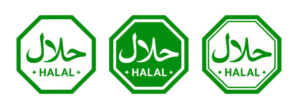 Halal icons and logos set featuring octagonal seals for food, drinks and products certified according to Islamic standards. Vector illustration in green and white colors.