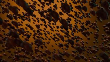 Kavrulmuş kahve çekirdeklerini içeren 3 boyutlu animasyon dinamik bir şekilde sıcak turuncu ışıkla dönüyor. Hareket içecek veya soyut kavramlar için uygun enerjik bir arkaplan oluşturur.