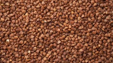 Karabuğday taneciklerinin kare olarak sıralandığı Macro düz döngü videosu. Topraksı kahverengi tonlar ve doğal doku sağlıklı gıda kavramları için sıcak bir zemin oluşturur..