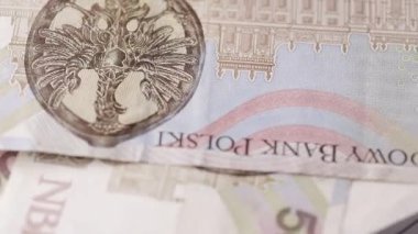 Beş yüz zloti banknotun birlikte düzenlenmiş dönüşümlü bir makro sahnesi, kabartma detaylar, yazdırılmış elementler ve pürüzsüz bir döngü içinde kağıt dokusu gösterilir.