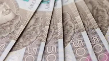 Beş yüz zloti banknotluk bir makro rotasyon, ayrıntılı baskı dokuları, gölgeleme ve kağıt tahıl gösteren, bir fan deseni düzenlenmiş.